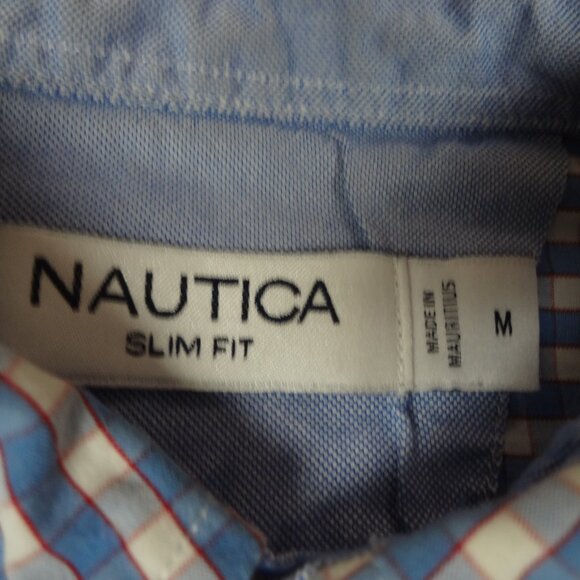 NAUTICA BLUE CHECKERS PLAID BUTTON UP MENS SLIM FIT MEDIUM SHIRT L191 - Picture 7 of 7